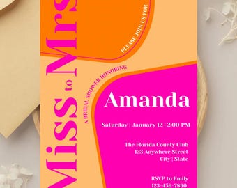 Plantilla de invitación moderna para despedida de soltera en rosa y naranja de señorita a señora