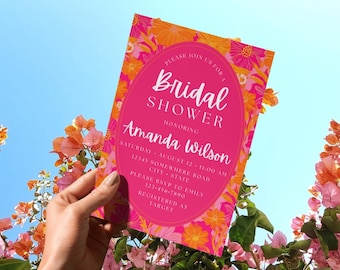 Plantilla de invitación para despedida de soltera con margaritas rosas y naranjas