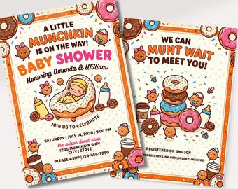 Plantilla de invitación para baby shower con temática de café y donas / Invitación para bebé con diseño de Munchkin en tonos rosa y naranja (descarga digital)