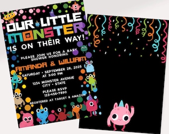 ¡Nuestro pequeño monstruo ya viene en camino! Plantilla de invitación para baby shower con temática de monstruos