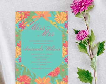 Plantilla de invitación para despedida de soltera con flores azules y rosas de Señorita a Señora