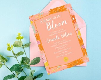 Plantilla de invitación para baby shower "Un bebé está floreciendo"