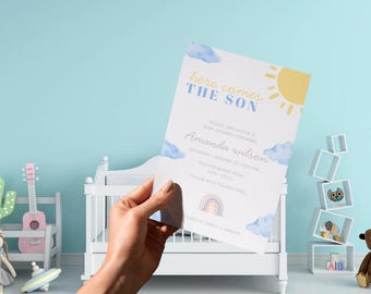 Plantilla de invitación para baby shower con tema "Aquí viene el sol" en tonos pastel