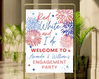 Plantilla de cartel de bienvenida para fiesta de compromiso con texto en rojo, blanco y "Sí, acepto"