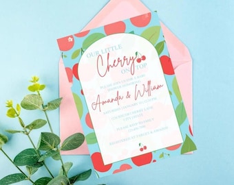 Plantilla de invitación para baby shower "Nuestra pequeña cereza en la cima"
