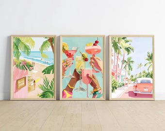 Juego de 3 piezas de arte mural costero en tonos pastel / Decoración bohemia playera, impresiones de 8 x 10 (descarga digital)