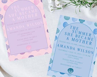 Plantilla de invitación para baby shower "El verano en que se convirtió en madre"