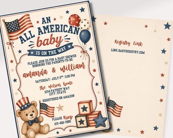 Plantilla de invitación para baby shower con temática estadounidense: Oso de peluche estilo vintage americano (Canva editable)
