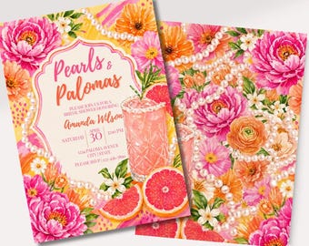 Plantilla de invitación para despedida de soltera Pearls & Palomas / Diseño floral rosa y naranja / Plantilla editable de Canva