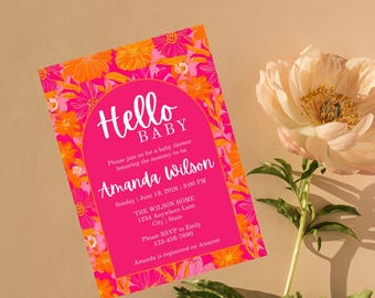 May include: A baby shower invitation with a vibrant floral design in pink and orange. The invitation features the text "Hello Baby" and details for the event, including the name "Amanda Wilson" and the date and time. A large flower is in the background.