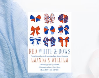 Plantilla de invitación para baby shower estadounidense con lazos rojos, blancos y azules