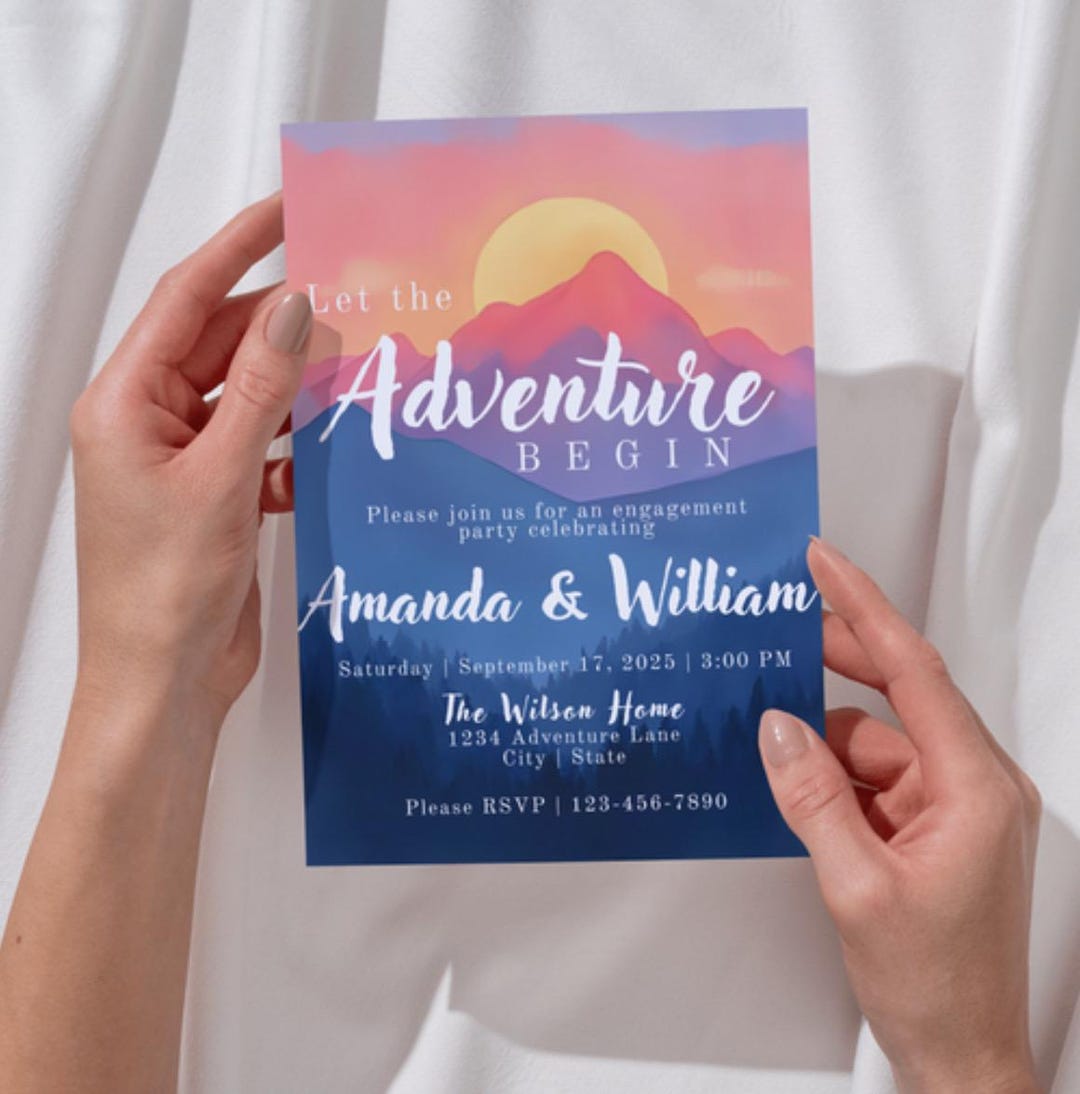 Let the Adventure Begin Mountain Theme Engagement Party Invitation ...