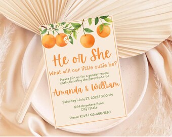 May include: A gender reveal party invitation with orange text and illustrations of oranges. The invitation reads "He or She, What will our little cutie be?" and includes the names Amanda & William, date, time, and RSVP information.