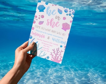 Invitación para revelar el género del bebé con temática oceánica: rosa y azul (plantilla editable de Canva)