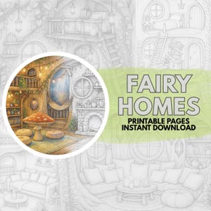 Printable Fairy Homes Coloring Book – 50 Whimsical Pages for Adults | Fantasy Interiors | Digital Download PDF | Stress Relief Art