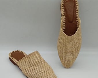 Handgemaakte Marokkaanse raffia loafers voor dames, bruidsschoenen, ambachtelijk cadeau, natuurlijke zomerschoenen, raffia schoenen voor dames, raffia muiltjes voor dames