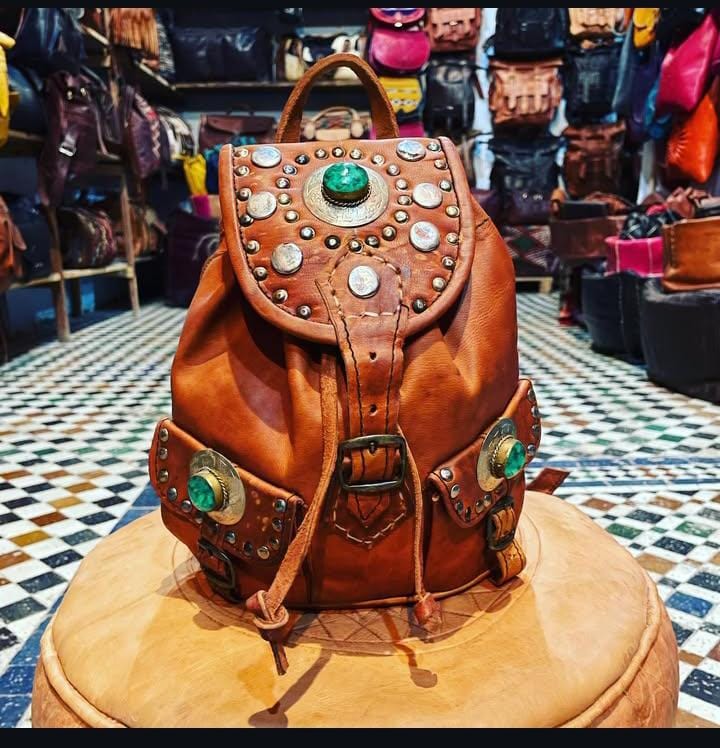 Unisex Leather Backpack, Studded Leather Backpack, Festival  display picture 1