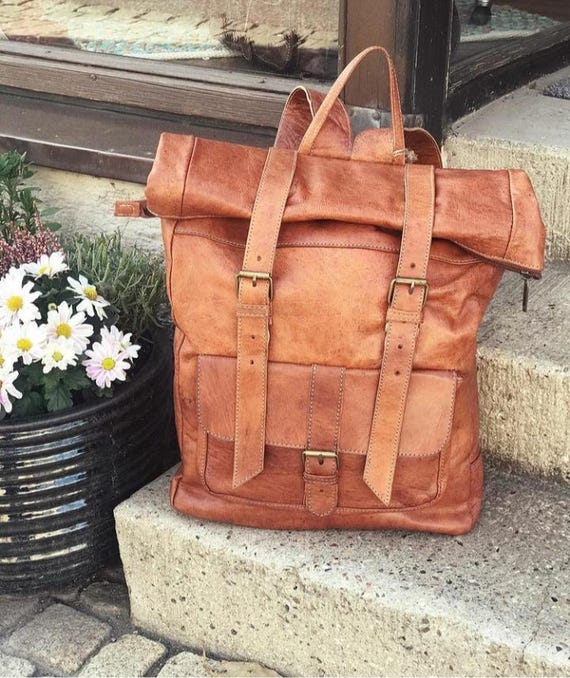 camel leather backpack mens Premium Buffalo Travel 16" Laptop Backpack Men Classy Leather Bags Discretely pack away smaller essentials with the interior zipped pocket Men's Small Pebble Grain Leather