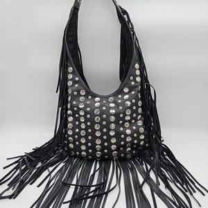 fringe leather shoulder bag, women fringe bag, studded  leather bag, festival leather bag, stuuded shoulder bag for women, gift for her