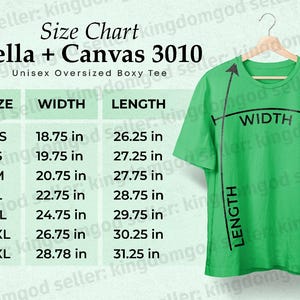 Bella Canvas 3010 T-Shirt Size Chart (Digital Download)