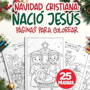 以下が含まれることがあります： 「NAVIDAD CRISTIANA: NACIÓ JESUS PÁGINAS PARA COLOREAR」と赤と緑で書かれた塗り絵のセット。ページには、降誕を含む聖書のシーンのイラストが描かれており、「LUCAS」というテキストとページ番号が記載されています。色鉛筆とクリスマスの飾りも表示されています。