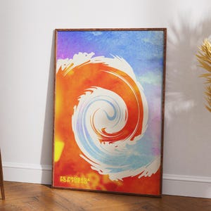 Peut inclure: Une affiche d'art abstrait encadrée avec un motif tourbillonnant dans les tons orange, blanc et bleu. L'œuvre a un effet aquarelle et est placée sur un fond dégradé. L'affiche est appuyée contre un mur blanc.