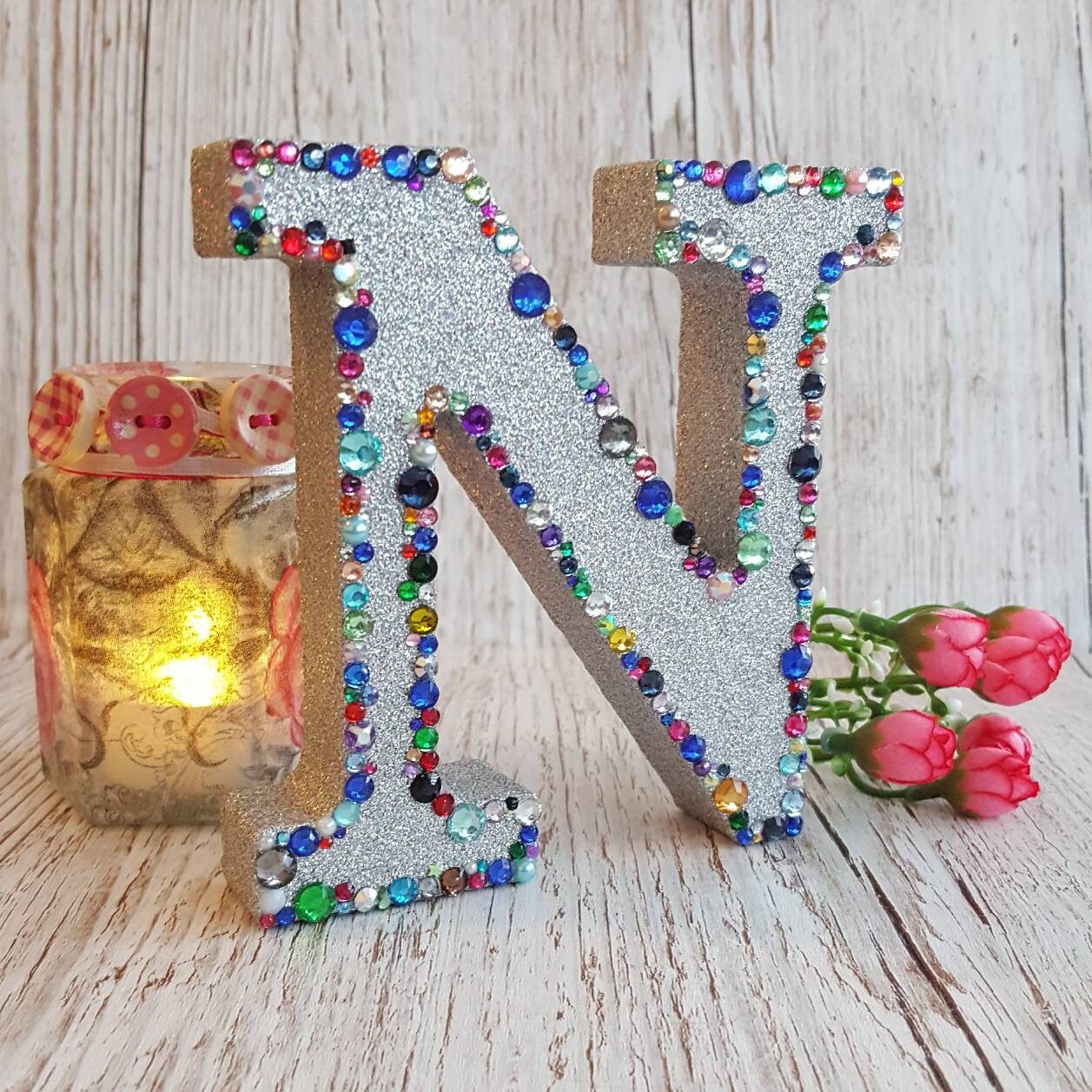 Letter N holographic silver glitter and mixed rhinestones Etsy