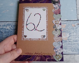 62nd anniversary card, wedding anniversary, UK seller