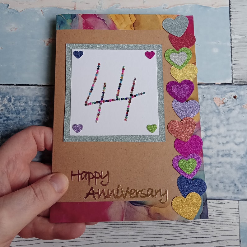 44th anniversary card, wedding anniversary, UK seller, 44 Glitter hearts