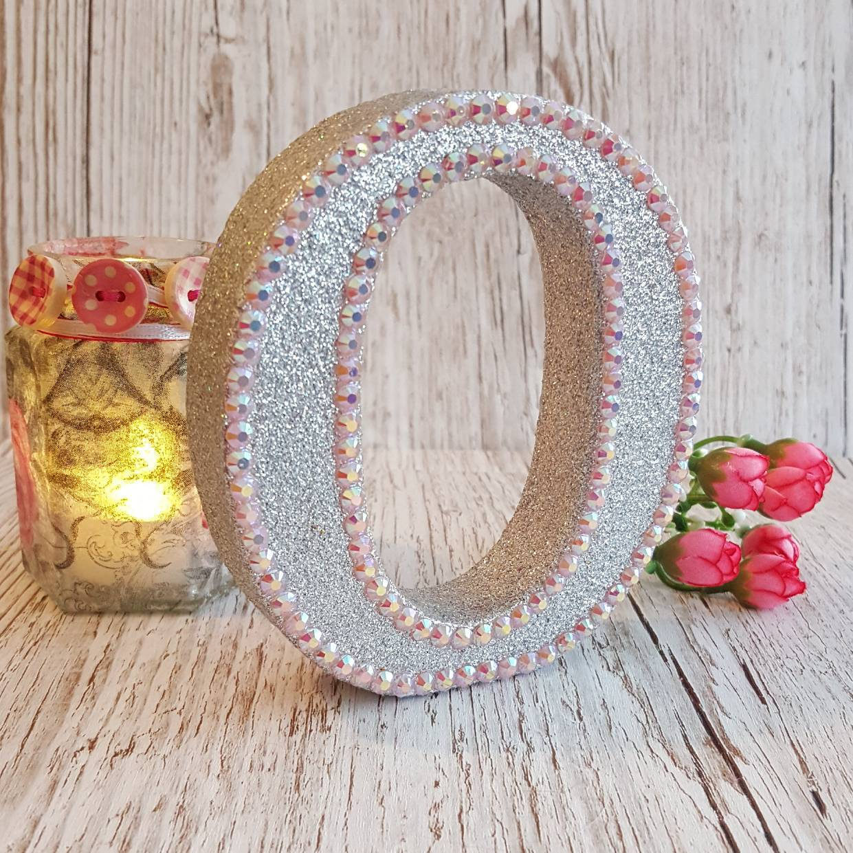 Letter O holographic silver glitter and pink rhinestones Etsy