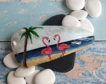 Flamingo couple rock art with palm tree, painted stone