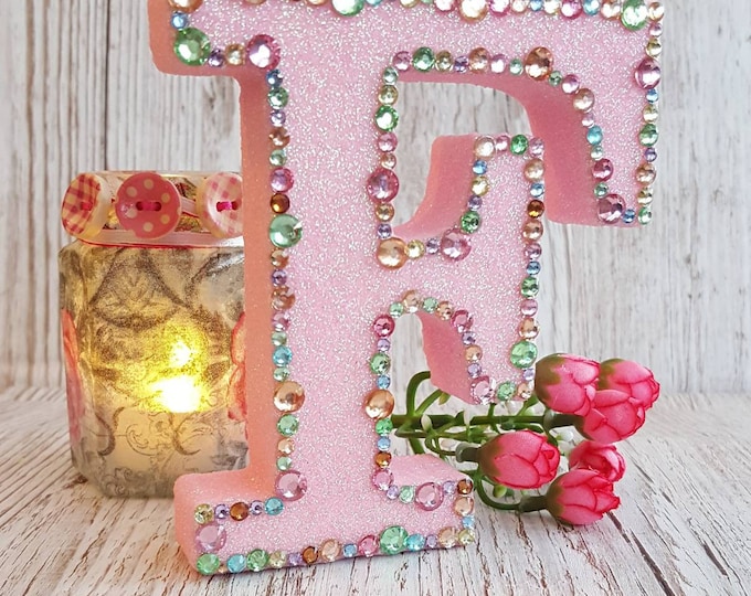 Letter F Pink Glitter With Pastel Rhinestones Sparkle Etsy