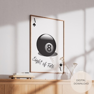 Art mural noir Eight of Fate - Magic 8 Ball imprimable, conception de cartes As de pique, esthétique minimaliste gothique et sombre universitaire, téléchargement immédiat