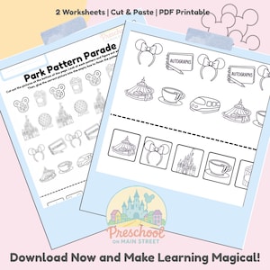 May include: Two black and white printable worksheets for kids featuring a Disney theme. The worksheets include images of a castle, a carousel, a teacup, a Mickey Mouse headband, and a train. The text "Park Pattern Parade" is at the top of the page.