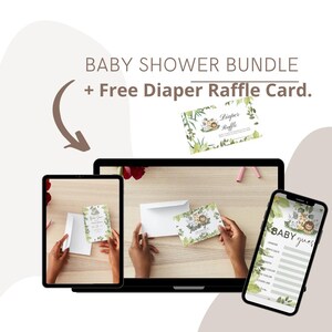 Baby Shower Bundle |FREE Diaper Raffle card. | Invitation, Game, Thank You Card | Printable Set | Watercolor Animal Theme | Digital Download
