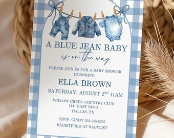 Blue Jean Baby Shower Invitation, Baby Sprinkle Invite, Denim Baby Shower, Neutral Western Baby Shower Theme, Editable Baby Shower Invite
