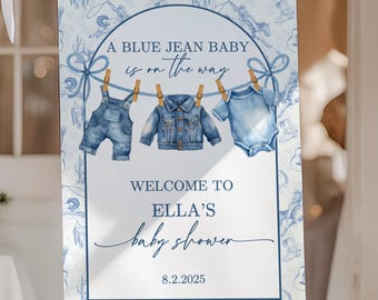 Blue Jean Baby Shower Welcome Sign, Editable Clothesline Baby Shower Sign, Denim Gingham Rustic Baby Shower Decor, Canva Template DIY