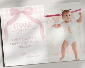 Pink Bow 1st Birthday Thank You Card, Coquette Photo Thank You Card, Editable Birthday Thank You Card, Printable Thank You Card Template PB1