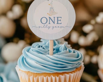 One Silly Goose Cupcake Toppers, Silly Goose Birthday Decorations, Blue Birthday Party Decor, One Silly Goose Birthday Boy, SG1