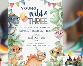Dinosaur Birthday Invitation, Young Wild and Three Invitation, Editable Boys Third Birthday Dino Invitation, Printable Dinosaur Invitations