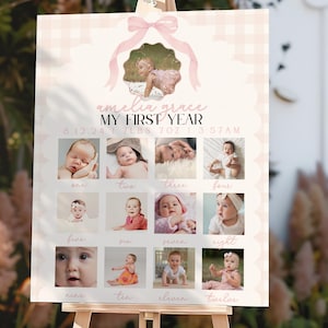 Pink Bow Milestone Poster,Pink Gingham Milestone Poster for Girl, Pink Bow First Birthday Decor, Pink Gingham Girls 1st Birthday Decor, PB1
