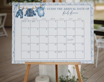 Blue Jean Baby Due Date Calendar, Editable Clothesline Baby Shower Sign, Denim Gingham Rustic Baby Shower Decor, Canva Template DIY