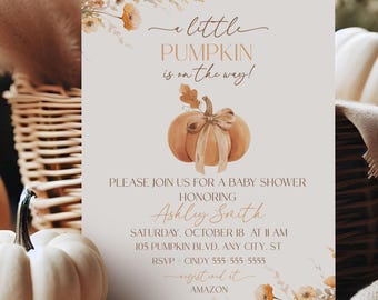 Baby shower petite citrouille, faire-parts baby shower automne, invitation automne, invitation baby shower citrouille, modèle modifiable d'invitation baby shower