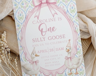 Födelsedagsinbjudan till "One Silly Goose", redigerbar "One Silly Goose"-födelsedagsinbjudan, mall för flickors första födelsedagsinbjudan, SG2