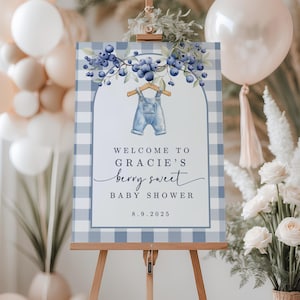 May include: A baby shower sign on a wooden easel. The sign has a blue and white gingham border and features the text "Welcome to Gracie's Berry Sweet Baby Shower" with a watercolor illustration of blueberries and overalls. Balloons and flowers surround the sign.