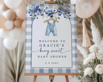 Berry Sweet Baby Shower Welcome Sign, Editable Baby Shower Sign, Blue Gingham Baby Shower Decor, Canva Template DIY, Boy Baby Shower