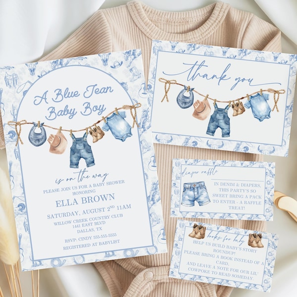 Blue Jean Baby Shower Invitation, Baby Sprinkle Invite, Denim Baby Shower, Cowboy Baby Shower, Editable Baby Shower Invitation Template
