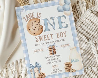 One Sweet Boy Invitation, Sweet One Birthday, Blue Gingham Printable Birthday Invitations, One Year Old Birthday Boy 1st Birthday Invite CO1