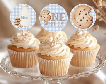 One Sweet Boy Cupcake Toppers, Boy 1st Birthday Cookie Theme Decor, Blue Gingham Editable Birthday Decor, Printable Plaid Birthday, CO1