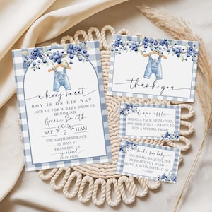 May include: Baby shower invitations and cards with a blue gingham pattern. The invitation reads "a berry sweet, boy is on his way" with details. Other cards say "thank you", "diaper raffle", and "books for baby".